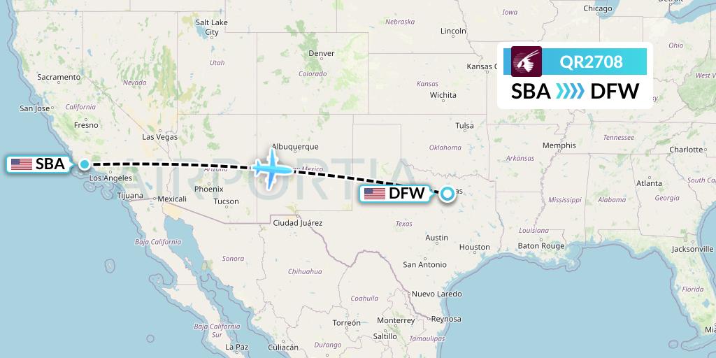 QR2708 Qatar Airways Flight Map: Santa Barbara to Dallas