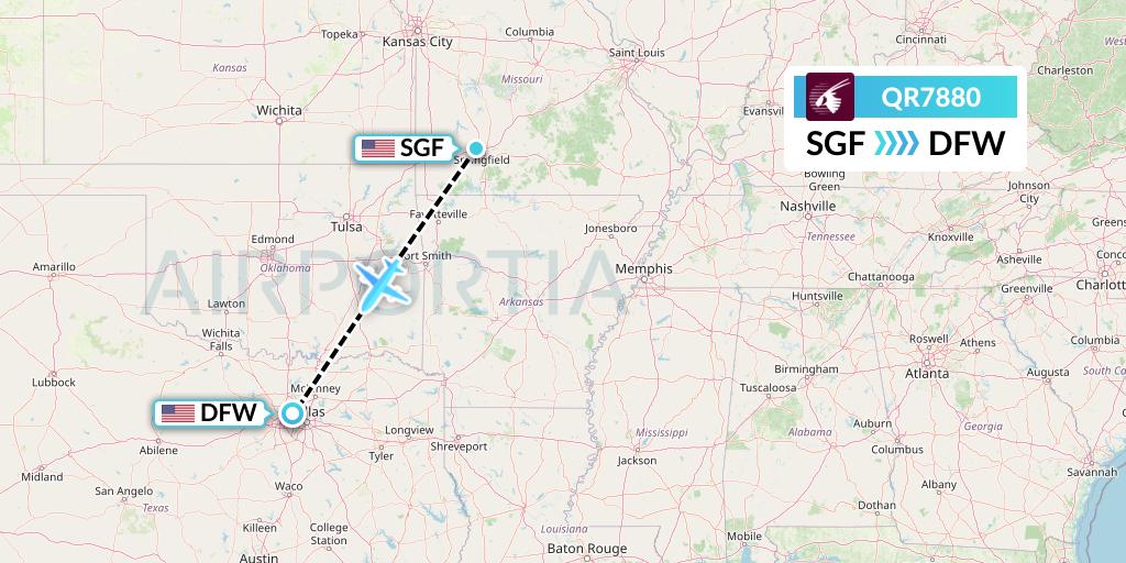 QR7880 Qatar Airways Flight Map: Springfield to Dallas