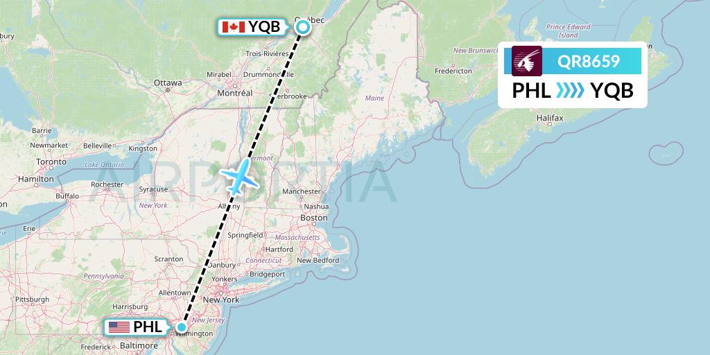 QR8659 Qatar Airways Flight Map: Philadelphia to Quebec