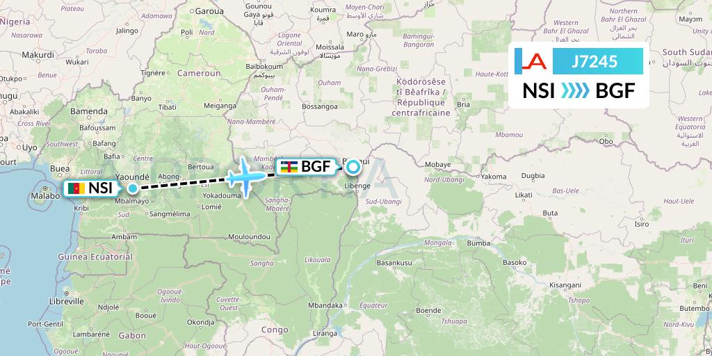 J7245 Afrijet Business Services Flight Map: Yaounde to Bangui