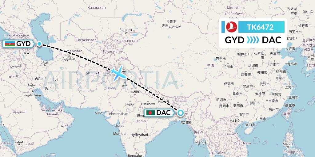 TK6472 Turkish Airlines Flight Map: Baku to Dhaka