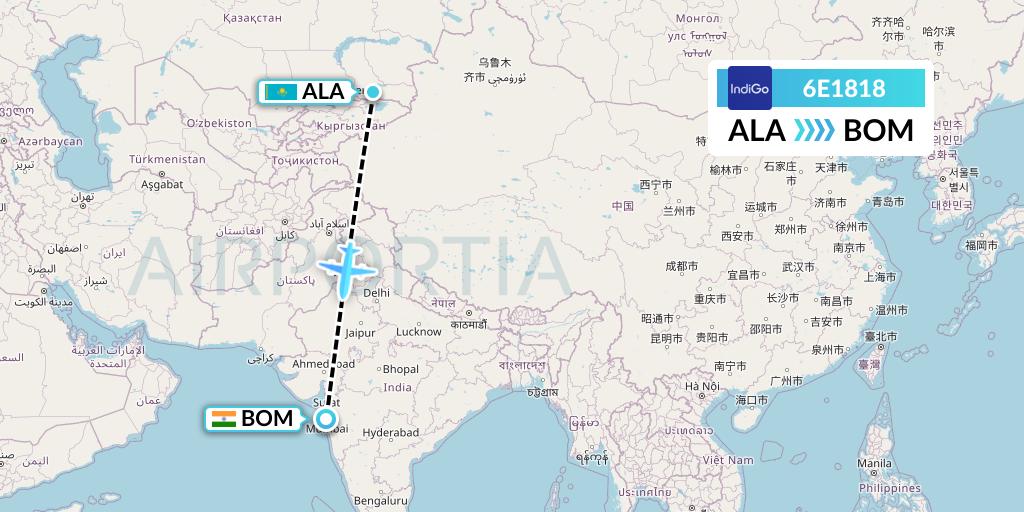 6E1818 IndiGo Airlines Flight Map: Almaty to Mumbai