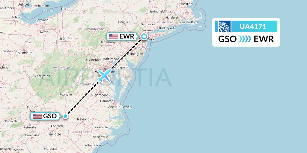 UA4171 United Airlines Flight Map: Greensboro to New York