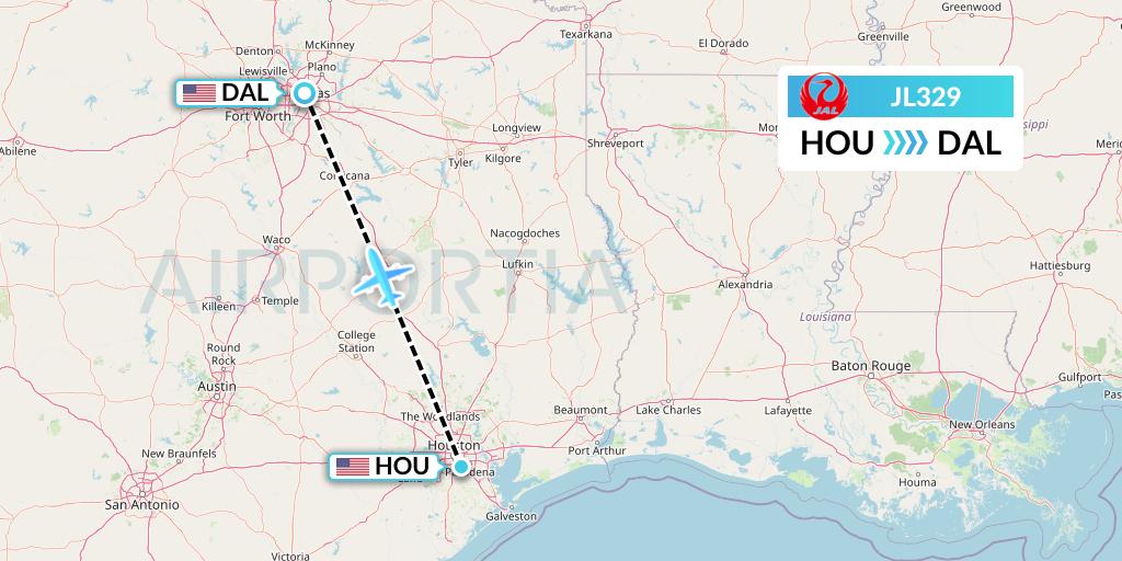 JL329 Japan Airlines Flight Map: Houston to Dallas