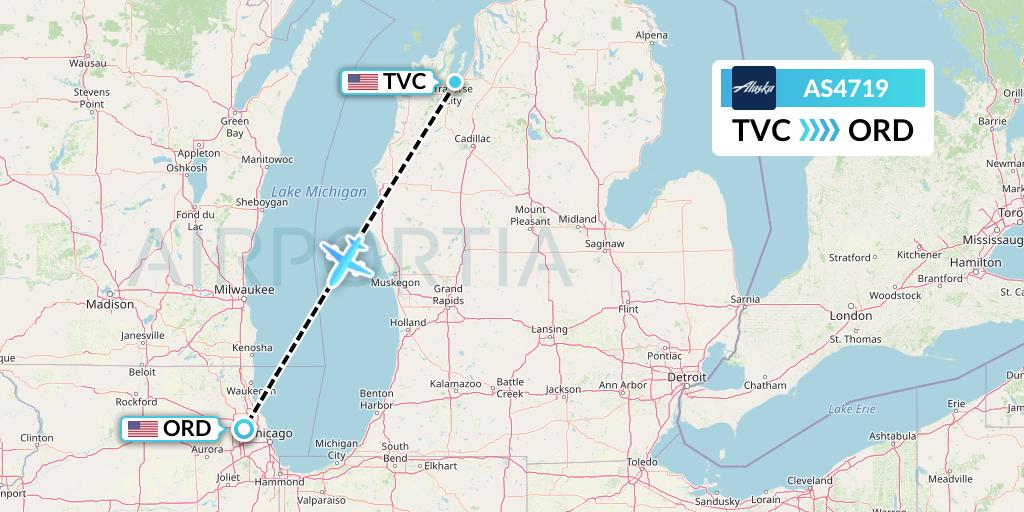 AS4719 Alaska Airlines Flight Map: Traverse City to Chicago