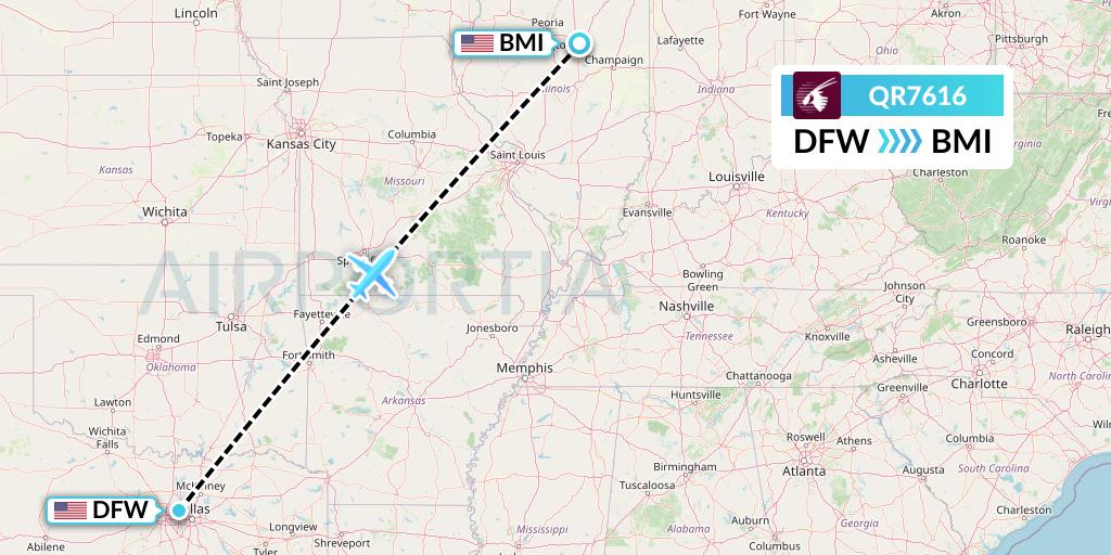 QR7616 Qatar Airways Flight Map: Dallas to Bloomington