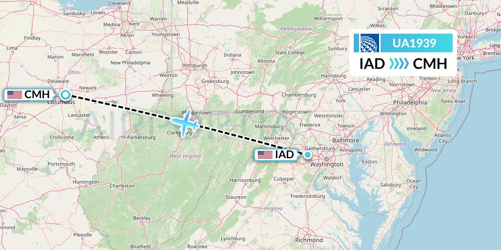 UA1939 United Airlines Flight Map: Washington to Columbus