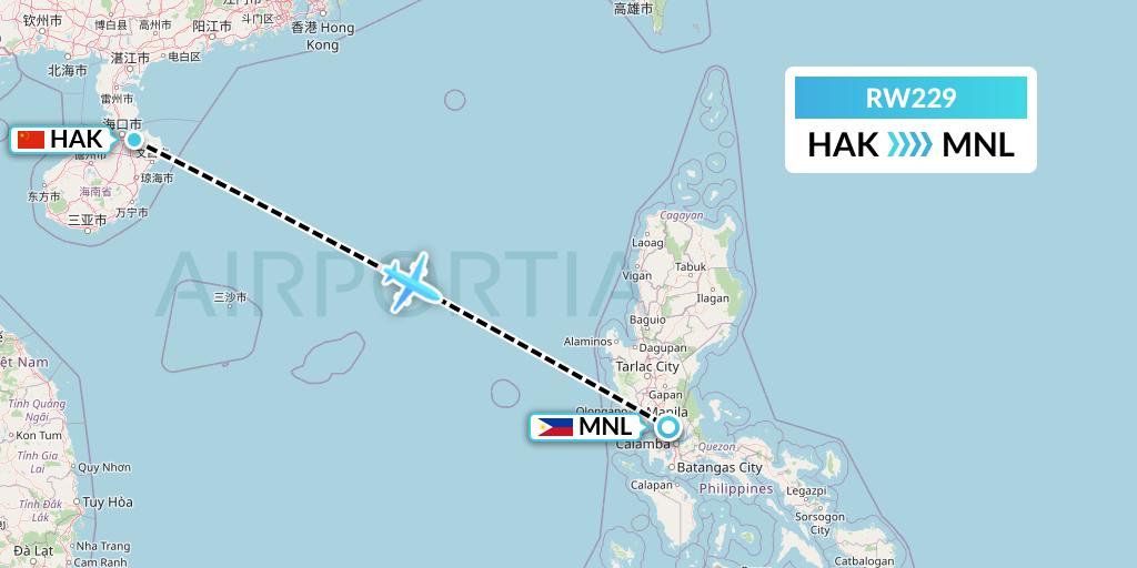 RW229 Royal Air Charter Flight Map: Haikou to Manila
