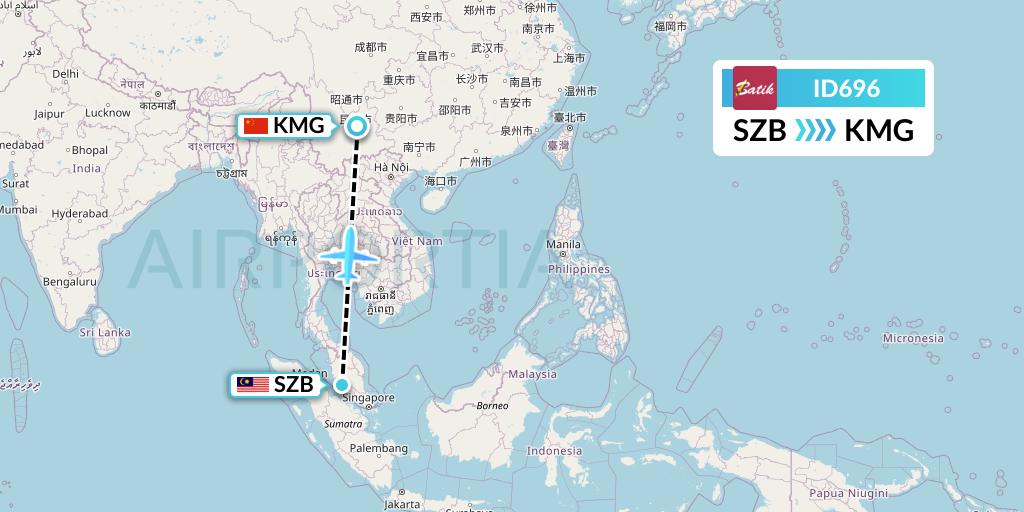ID696 Batik Air Flight Map: Kuala Lumpur to Kunming