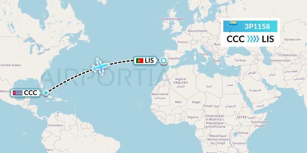3P1158 Tiara Air Flight Map: Cayo Coco to Lisbon