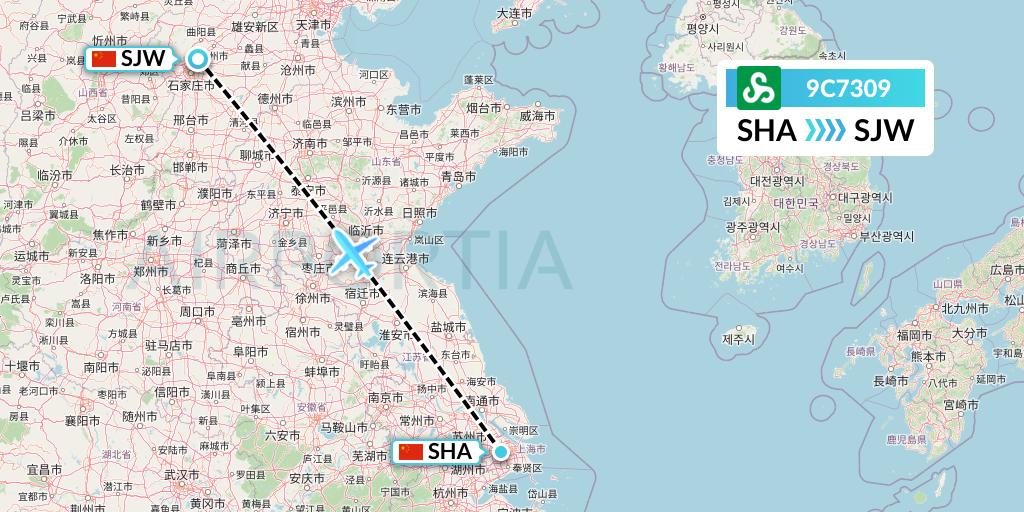 9C7309 Spring Airlines Flight Map: Shanghai to Shijiazhuang