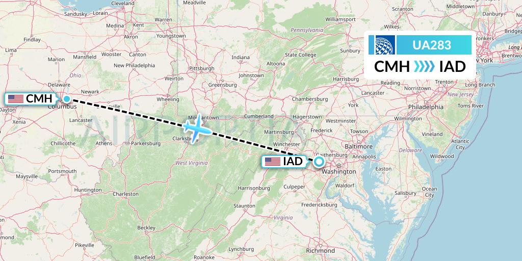 UA283 United Airlines Flight Map: Columbus to Washington