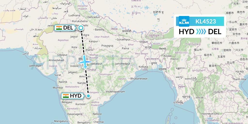 KL4523 KLM Flight Map: Hyderabad to Delhi