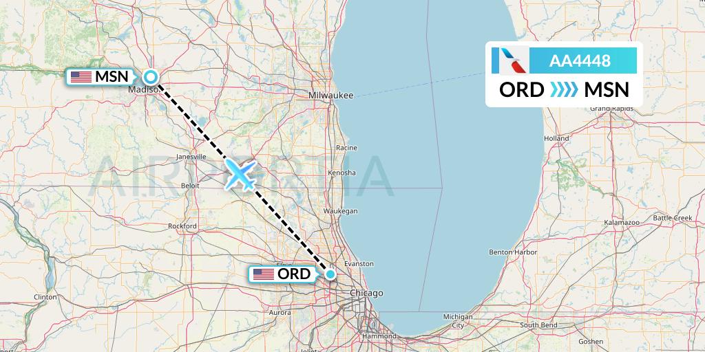 AA4448 American Airlines Flight Map: Chicago to Madison