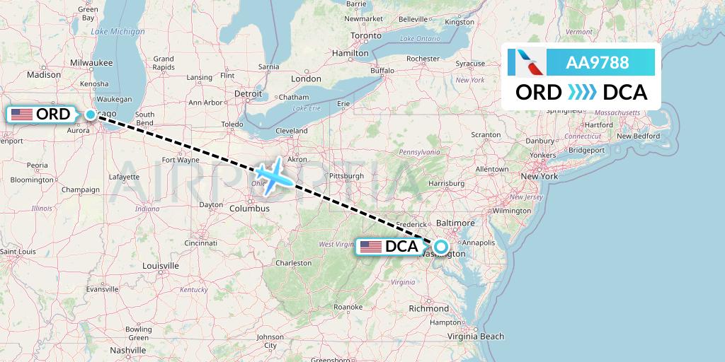 AA9788 American Airlines Flight Map: Chicago to Washington