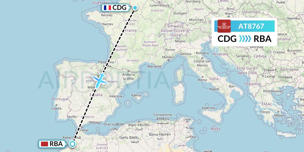 AT8767 Royal Air Maroc Flight Map: Paris to Rabat