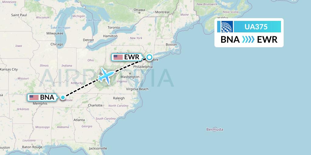 UA375 United Airlines Flight Map: Nashville to New York