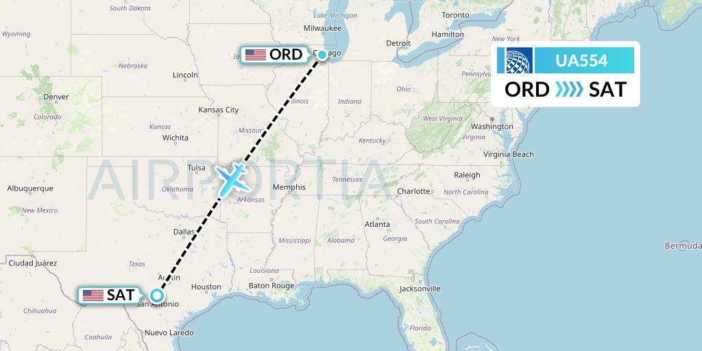 UA554 United Airlines Flight Map: Chicago to San Antonio