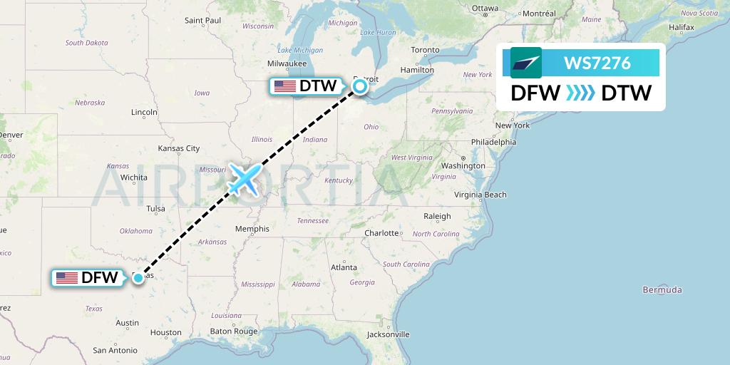 WS7276 WestJet Flight Map: Dallas to Detroit