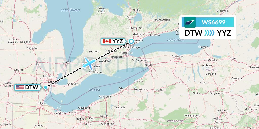 WS6699 WestJet Flight Map: Detroit to Toronto