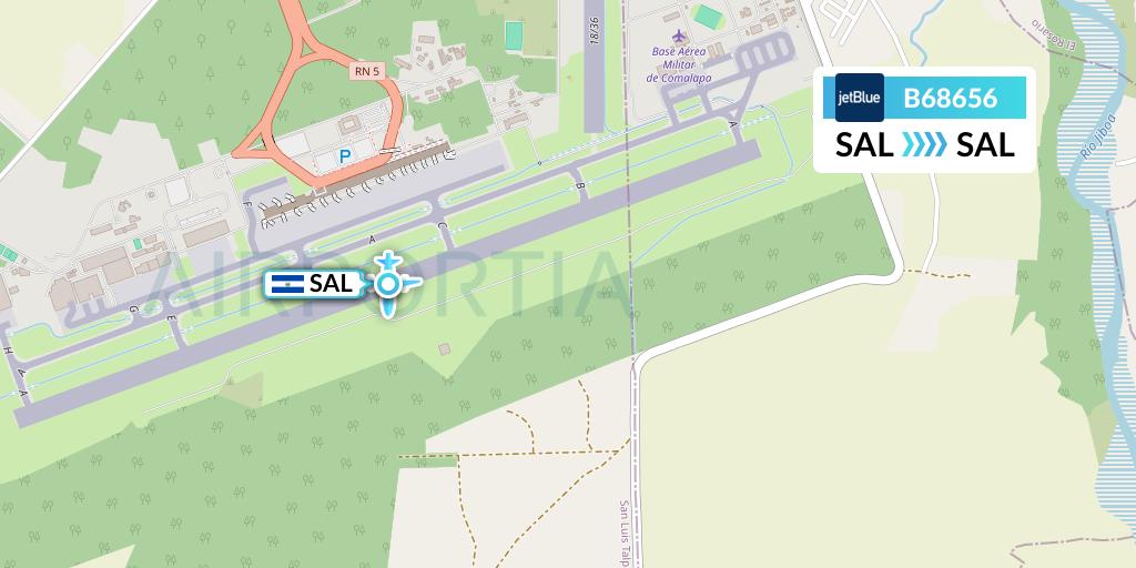 B68656 JetBlue Airways Flight Map: San Salvador to San Salvador