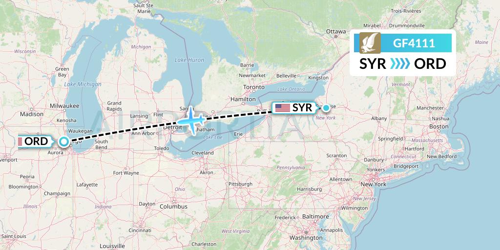 GF4111 Gulf Air Flight Map: Syracuse to Chicago