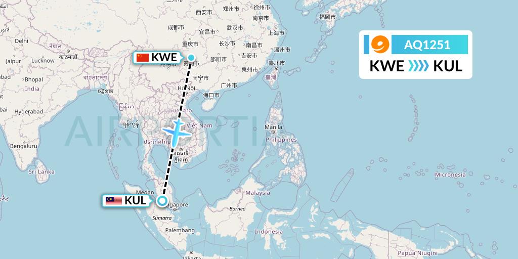 AQ1251 9 Air Flight Map: Guiyang to Kuala Lumpur