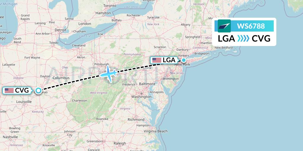 WS6788 WestJet Flight Map: New York to Cincinnati