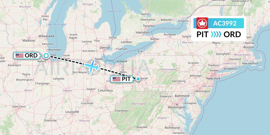 AC3992 Air Canada Flight Map: Pittsburgh to Chicago