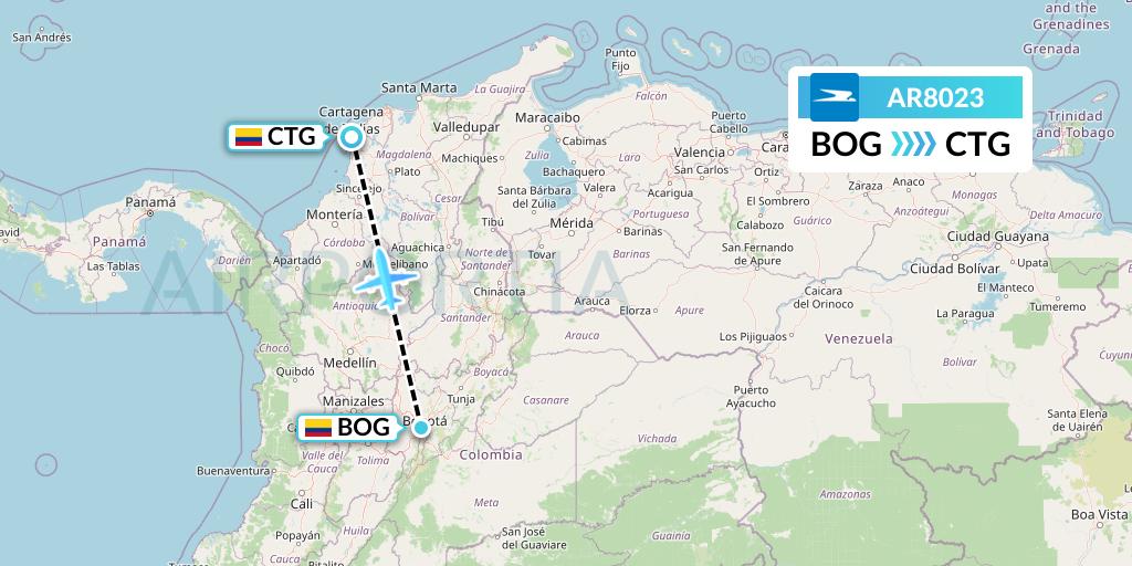 AR8023 Aerolineas Argentinas Flight Map: Bogota to Cartagena
