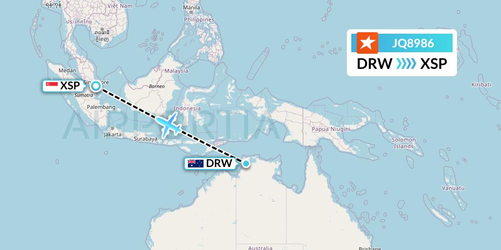 JQ8986 Jetstar Airways Flight Map: Darwin to Seletar