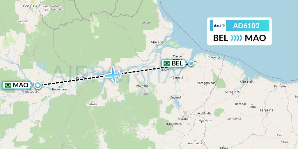 AD6102 Azul Brazilian Airlines Flight Map: Belem to Manaus