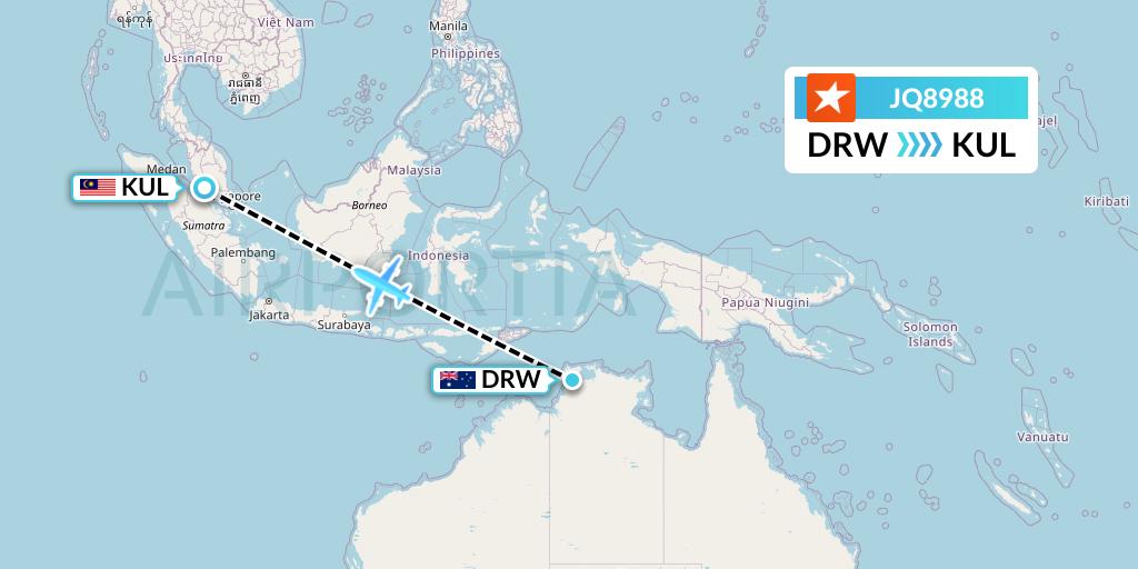 JQ8988 Jetstar Airways Flight Map: Darwin to Kuala Lumpur
