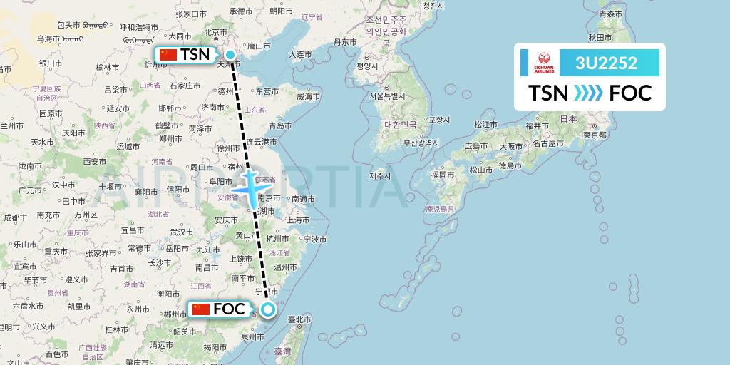 3U2252 Sichuan Airlines Flight Map: Tianjin to Fuzhou