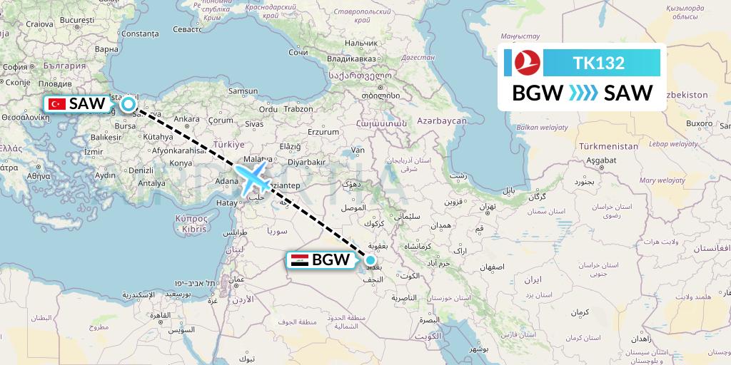 TK132 Turkish Airlines Flight Map: Baghdad to Istanbul