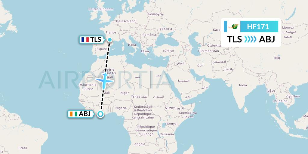HF171 Air Cote d'Ivoire Flight Map: Toulouse to Abidjan