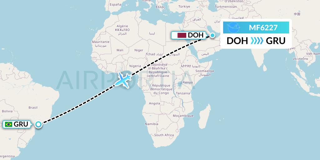MF6227 Xiamen Airlines Flight Map: Doha to Sao Paulo