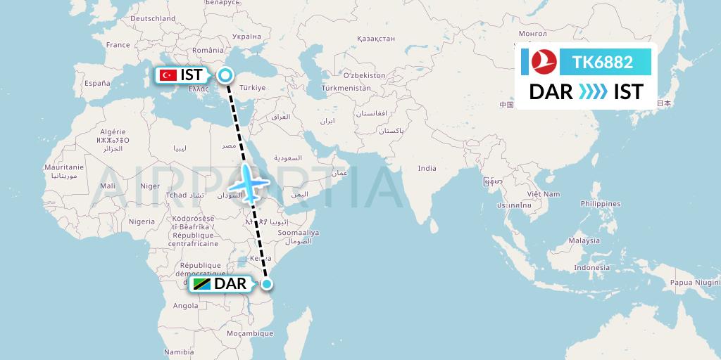 TK6882 Turkish Airlines Flight Map: Dar-es-Salaam to Istanbul