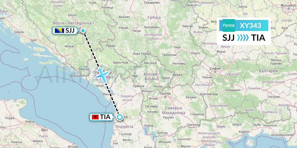 XY343 Flynas Flight Map: Sarajevo to Tirana