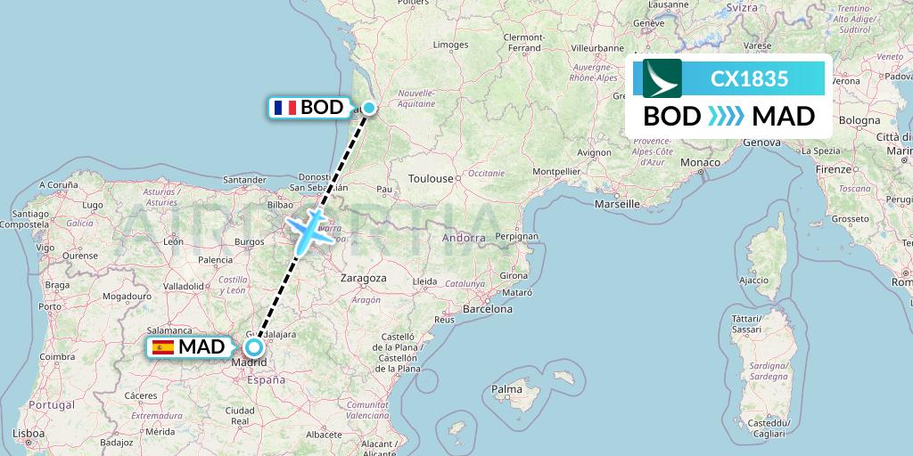 CX1835 Cathay Pacific Flight Map: Bordeaux to Madrid