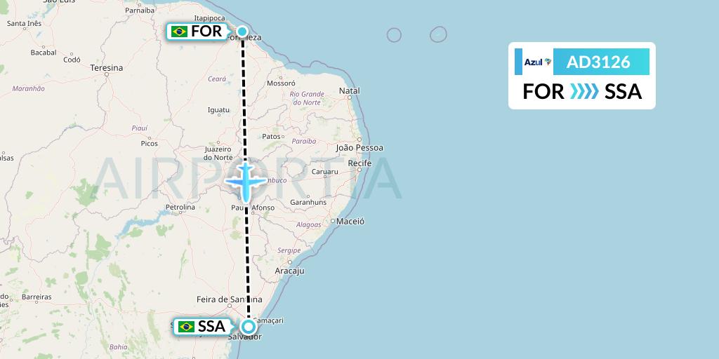 AD3126 Azul Brazilian Airlines Flight Map: Fortaleza to Salvador