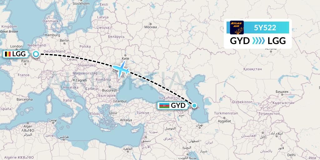 5Y522 Atlas Air Flight Map: Baku to Liege