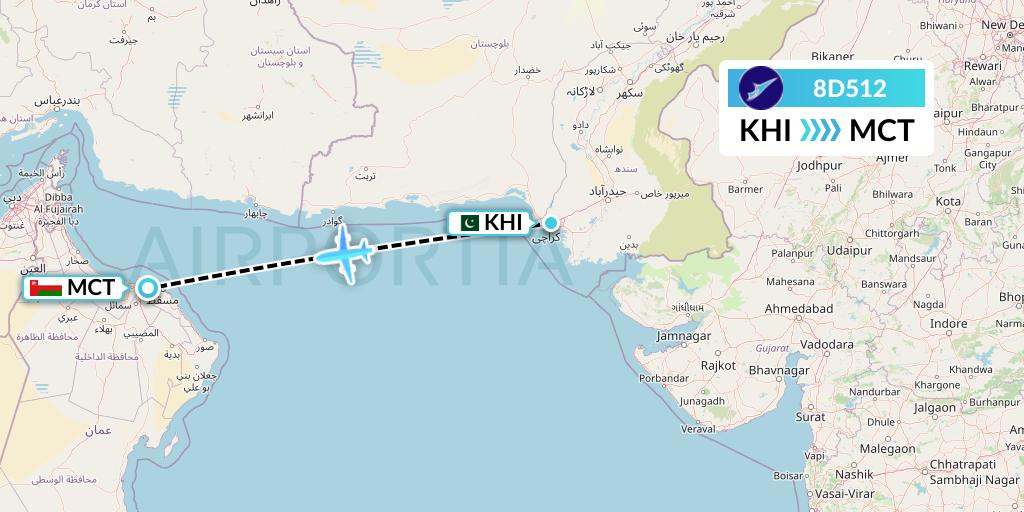 8D512 FitsAir Flight Map: Karachi to Muscat
