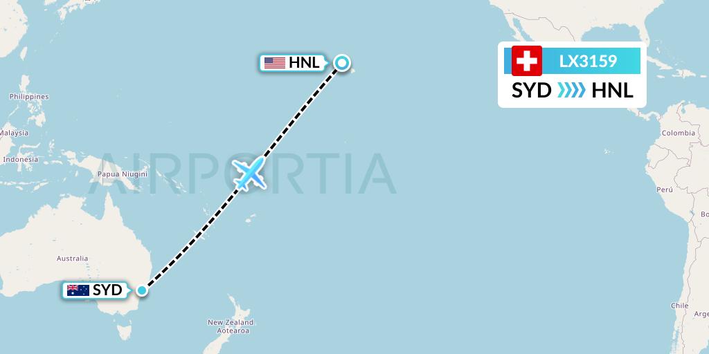 LX3159 Swiss Flight Map: Sydney to Honolulu