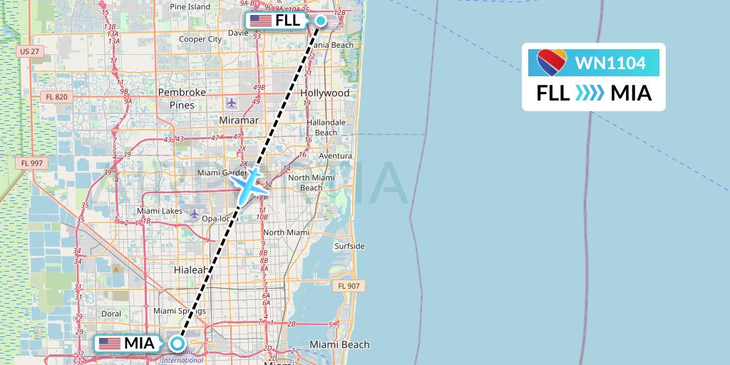 WN1104 Southwest Airlines Flight Map: Fort Lauderdale to Miami