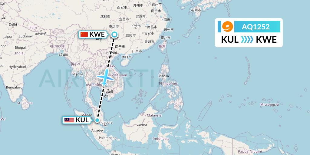 AQ1252 9 Air Flight Map: Kuala Lumpur to Guiyang