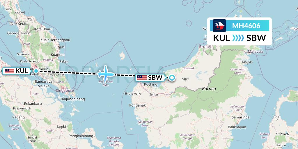 MH4606 Malaysia Airlines Flight Map: Kuala Lumpur to Sibu
