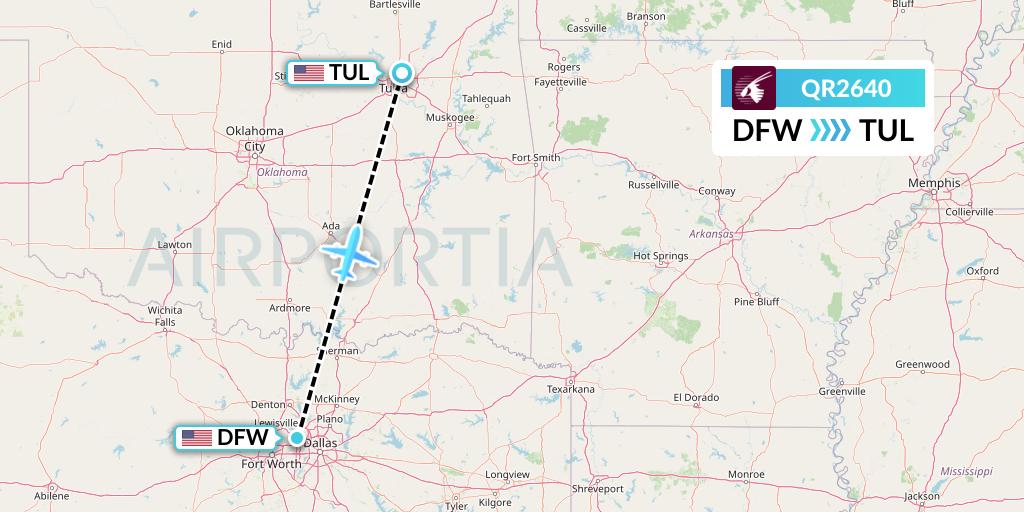 QR2640 Qatar Airways Flight Map: Dallas to Tulsa