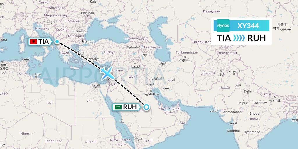 XY344 Flynas Flight Map: Tirana to Riyadh