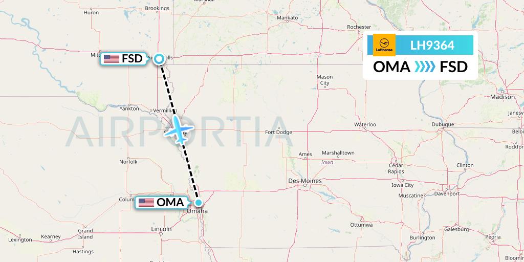 LH9364 Lufthansa Flight Map: Omaha to Sioux Falls